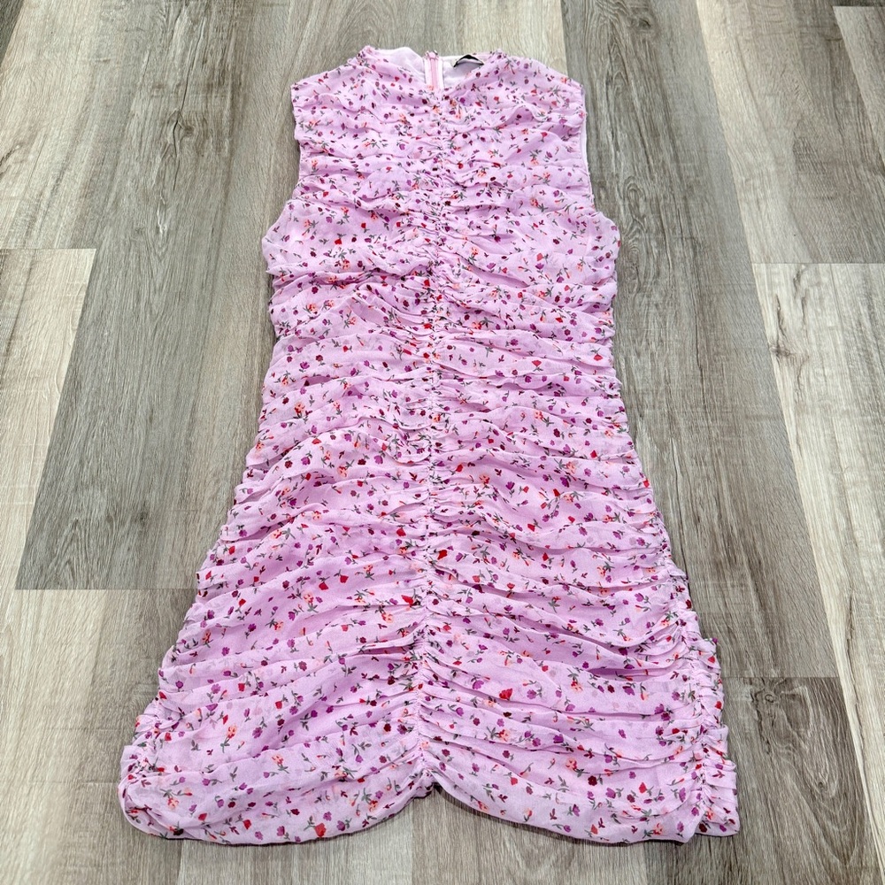 Nicholas Gathered Mini Dress Womens 6 Silk Floral Chiffon Ruched Pink Coquette